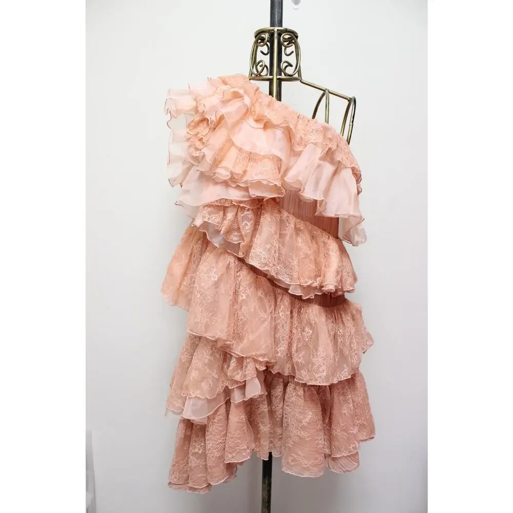 Ulla Johnson Leonie Coral Asymmetrical Lace Tiered One Shoulder Mini Dress Sz 4 - Picture 2 of 6